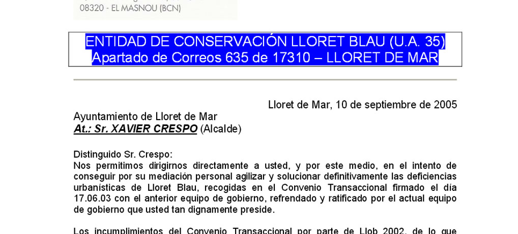 Carta a l’alcalde de Lloret