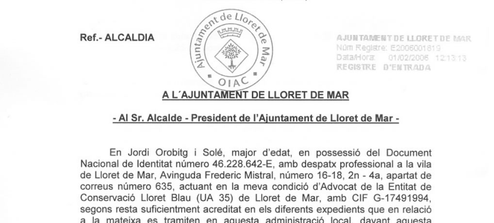 Carta a l’alcalde de Lloret de Mar