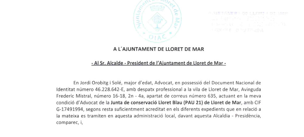 Escrit efectuat a l’Ajuntament sobre l’estat de l’enllumenat