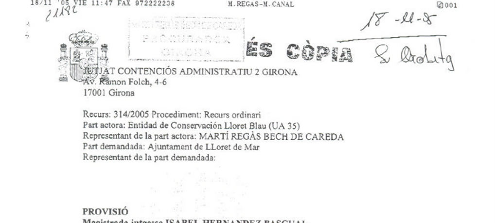 Admissió a tràmit del recurs contenciós-administratiu contra l’Ajuntament de Lloret de Mar