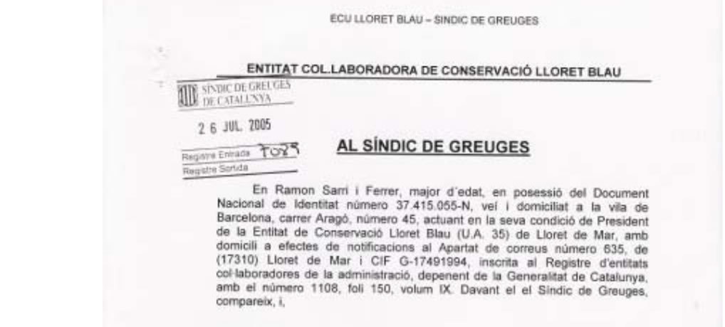 Prec lliurat al Síndic de Greuges contra l’Ajuntament de Lloret de Mar