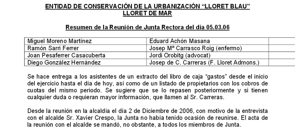 Resumen de la Reunión de la Junta Rectora