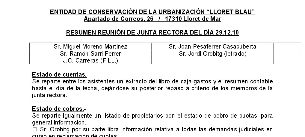 Resum de la Reunió de la Junta Rectora