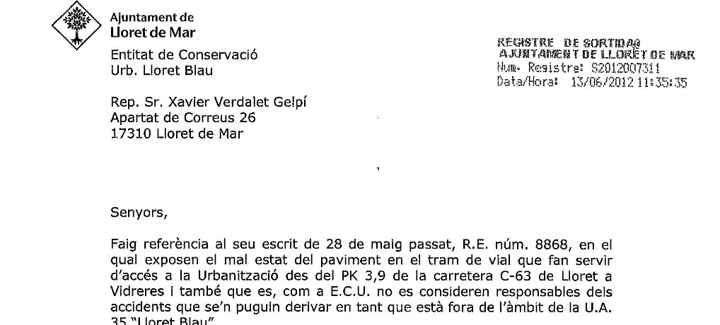 Resposta de l’Ajuntament al nostre escrit reclamant pel mal estat dels accessos