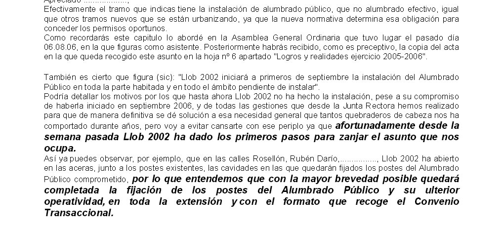 Resposta a l’escrit d’un copropietari sobre: ENLLUMENAT PÚBLIC