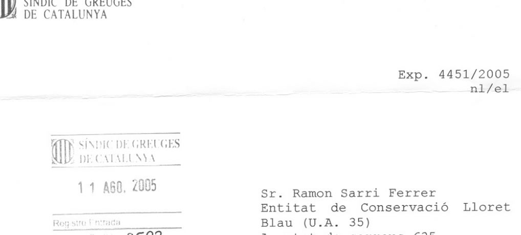 Resposta del Síndic de Greuges al Prec contra l’Ajuntament de Lloret de Mar