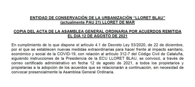 Acta de la Asamblea General por acuerdos 2021